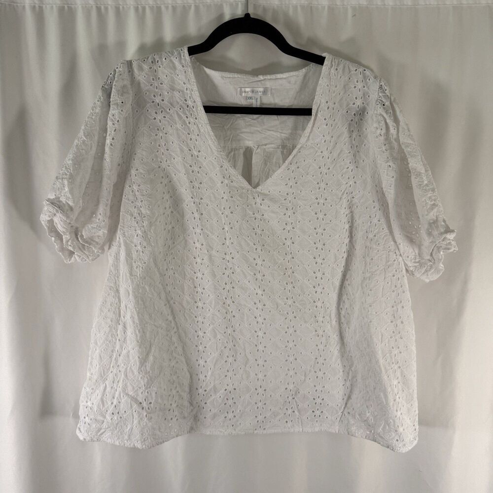 Draper James Eyelet Blouse Women's XXL White Short Sleeve V-Neck Pullover